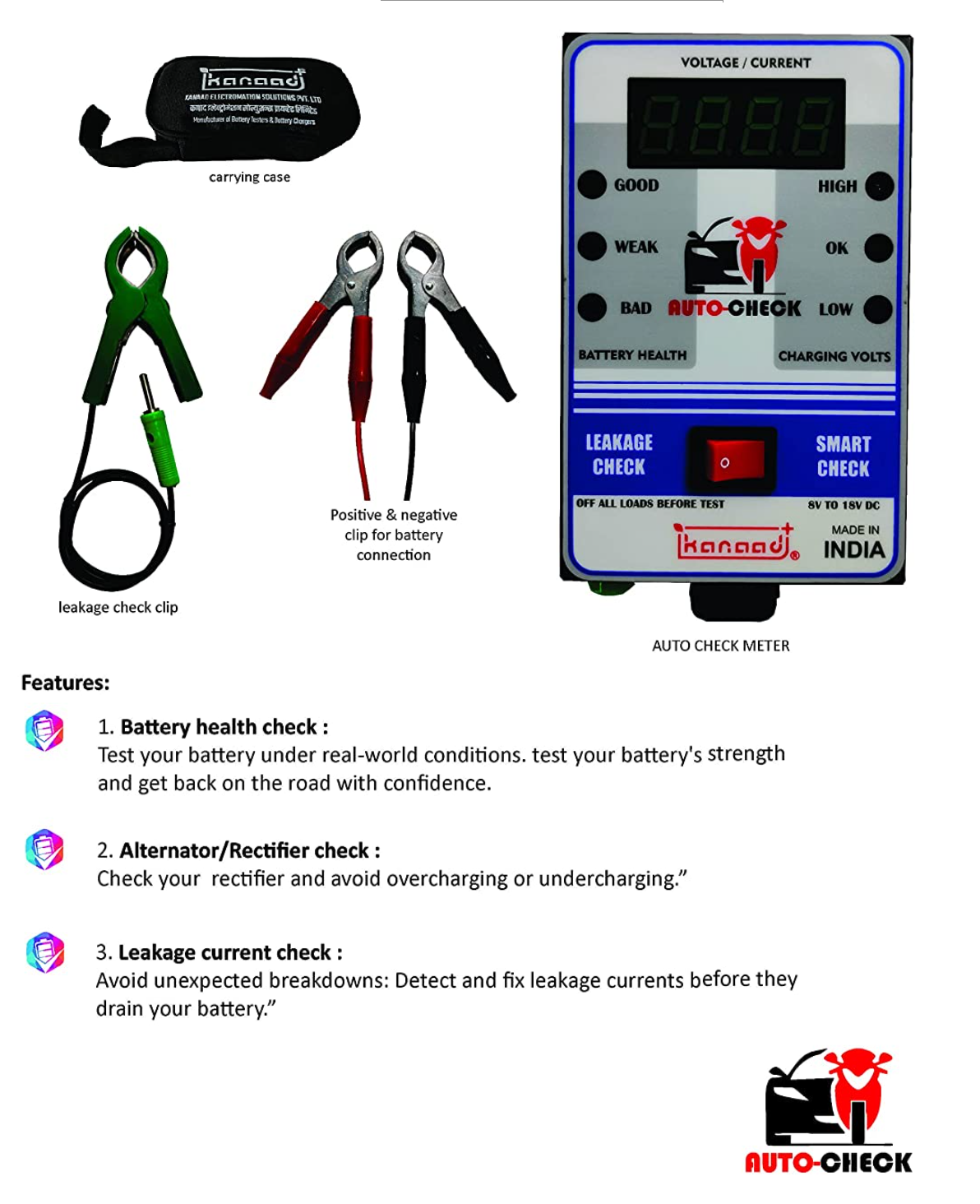 Kanaad® Auto Check meter for Car and Bike Battery Health Check / Alternator check / Leakage Current Check