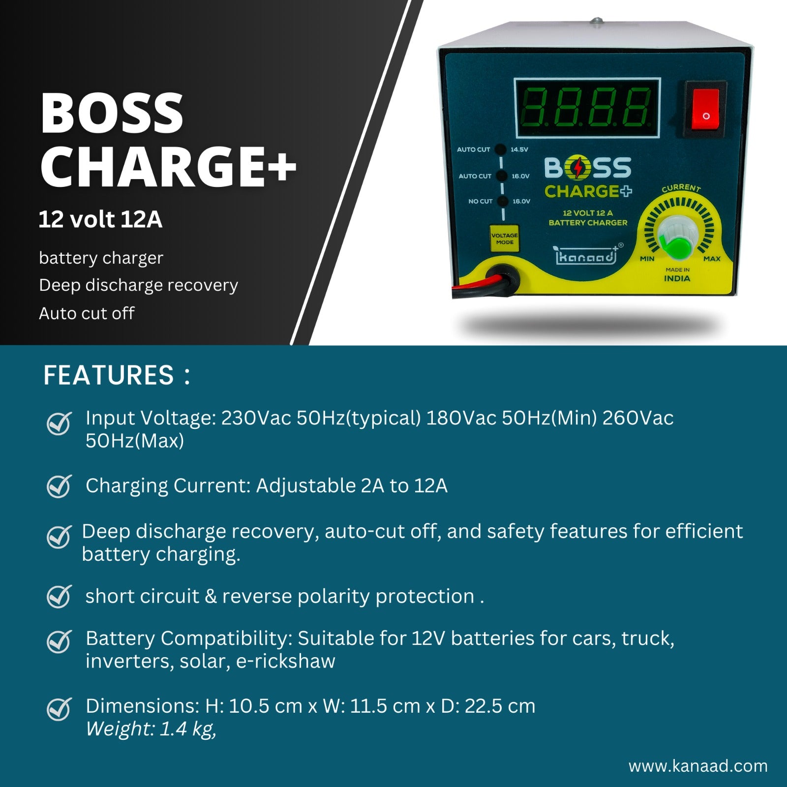 KANAAD® Boss Charge Plus- 12Volt Fully Automatic 2A to 12A Battery Charger for Car and Inverter Battery