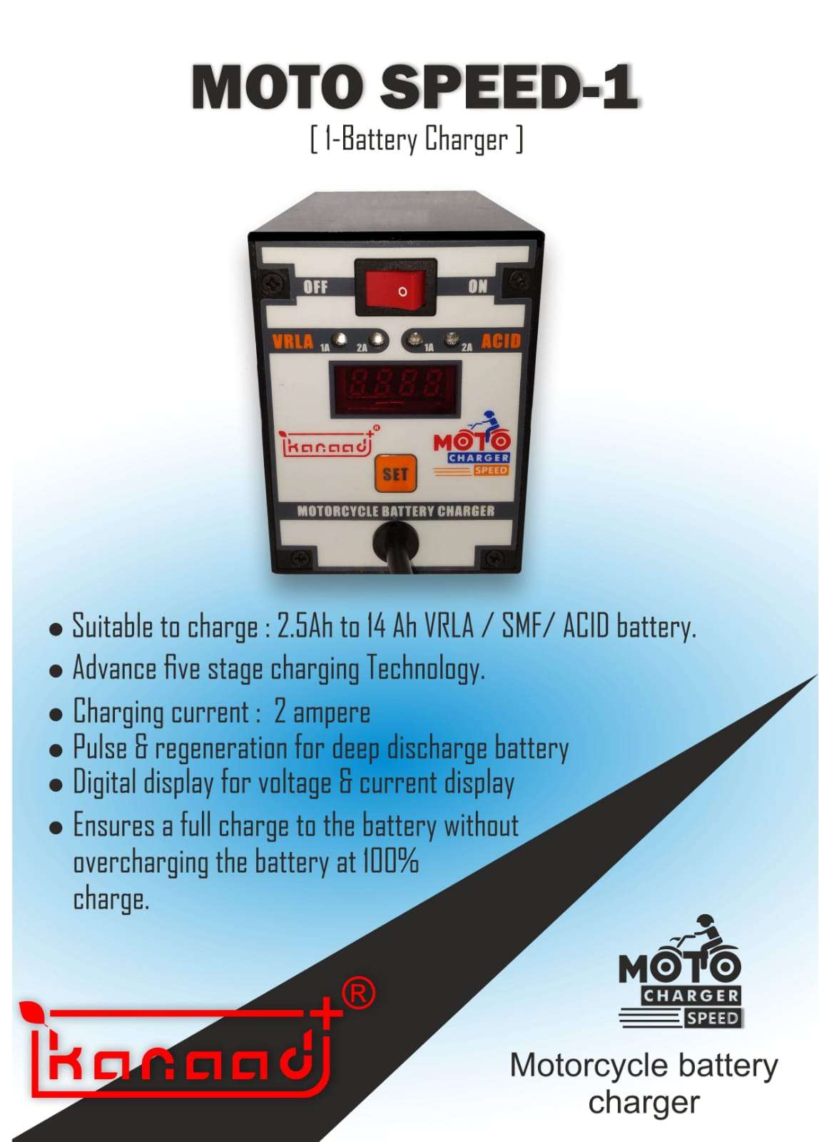 Kanaad® Moto Speed - Fully Automatic 1A and 2A Motorcycle VRLA Battery Charger for 2.5Ah to 14Ah with Digital Display