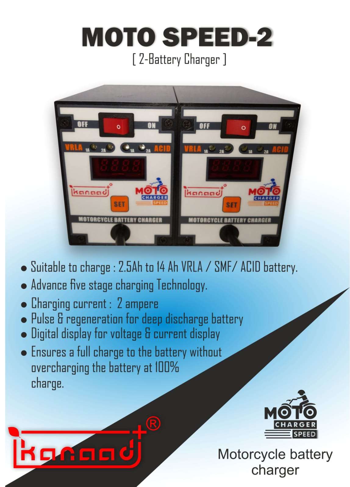 Kanaad® Moto Speed - Fully Automatic 1A and 2A Motorcycle VRLA Battery Charger for 2.5Ah to 14Ah with Digital Display