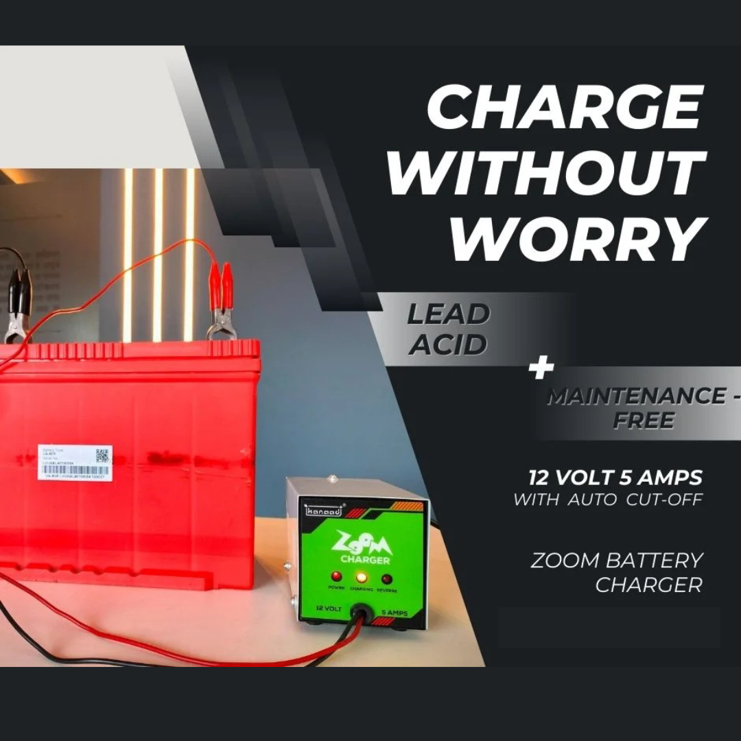 KANAAD® Zoom 12V 5A Smart Battery Charger for Car, Bike, Inverter - Automatic Cutoff, Reverse Polarity Protection, Compatible with Lead Acid & Maintenance-Free Batteries